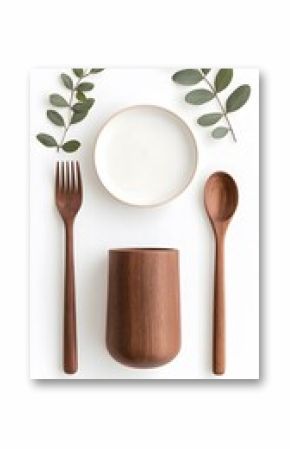 Simple Wooden Dinnerware Set Flatlay with Greenery