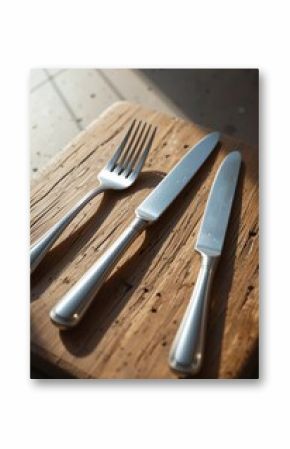 Gleaming metal cutlery rests on a rustic wooden board in bright summer sunlight