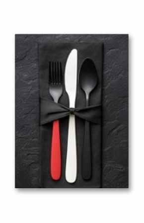 Modern Cutlery Set in Red White and Black on Dark Background