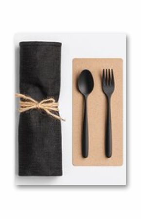 Black Reusable Cutlery Set in Fabric Case on White Background