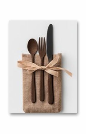 Brown and Black Cutlery Set Wrapped in Burlap Pouch