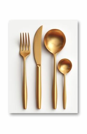 Gold-toned flatware set.  A stylish, modern cutlery set, featuring a knife, fork, ladle, and small spoon, all in a polished gold finish.  Clean lines and simple design