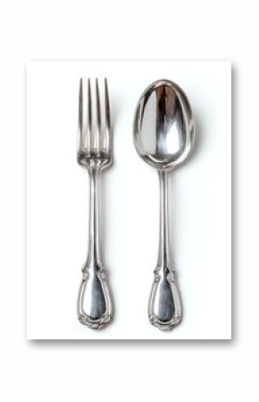 isolated white minimal design Elegant silver cutlery featuring a fork and spoon, perfect for themed dining or food-related projects.