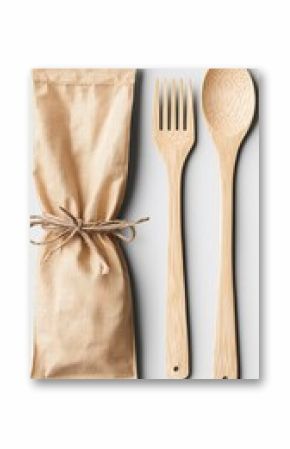 Wooden Cutlery Set with Burlap Packaging on White Background