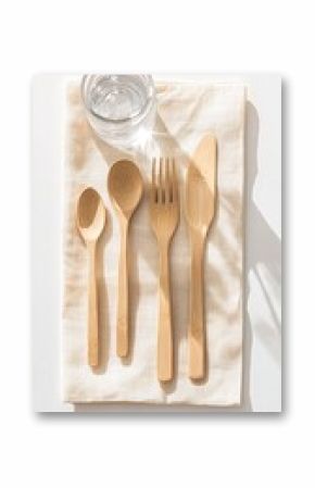 Bamboo Utensils Arranged on Beige Napkin with Glass of Water