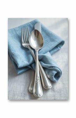 Elegant silver spoon and fork resting on neatly folded blue cloth napkin on light textured surface