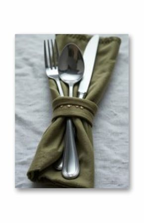 silverware set including fork spoon and knife wrapped in green napkin on white fabric background with elegant presentation