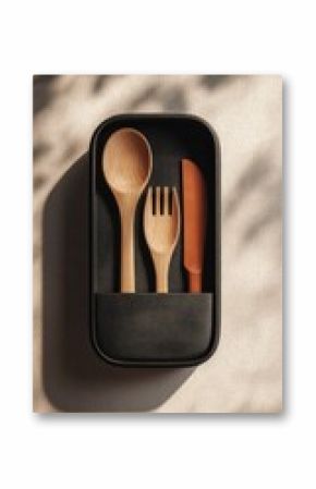 Wooden cutlery set in a dark gray lunchbox