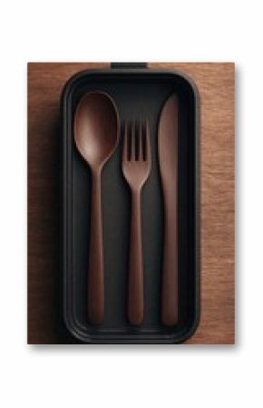 Wooden cutlery set in black container