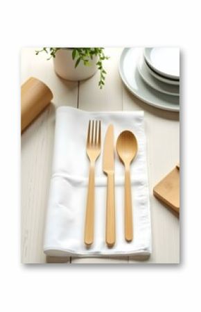 Bamboo Cutlery Set on White Napkin with Storage Container – Eco-Friendly Portable Dining  