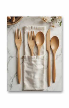 Wooden cutlery set with burlap packaging on white background