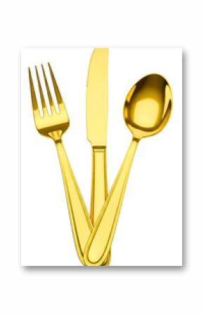 Shiny gold fork knife and spoon arranged together isolated on a transparent background