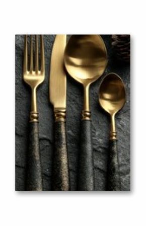 Elegant gold and black cutlery set displayed on a textured surface with pine elements during the festive season