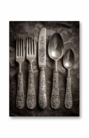 Ornate antique silverware set on a textured surface.