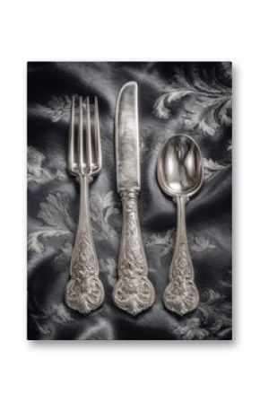 Ornate antique silverware set on dark fabric.