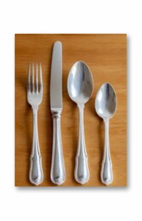 Elegant silver cutlery set on wooden table
