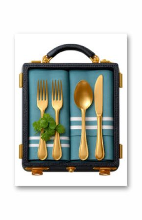Gold cutlery set in a leather briefcase teal napkins parsley garnish Transparent Background