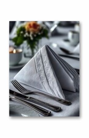 Elegant table setting features folded napkin, silverware, and floral centerpiece, perfect for fine dining or special occasion photography.