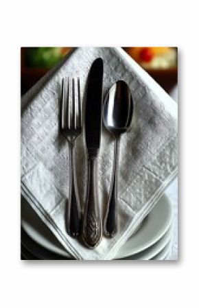 Elegant table setting with silverware on folded napkin and plates ready for a delicious meal experience.