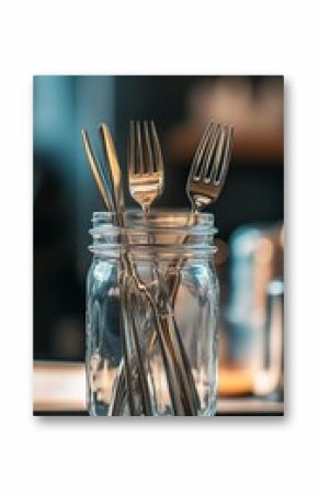 metal straws and cutlery in mason jar.