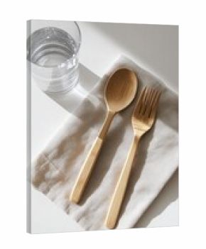 Golden bamboo cutlery on a linen napkin, beside a glass of water