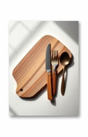 Sunlit Wooden Board with Modern Cutlery Set