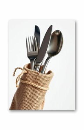 Elegant Silverware Set in a Rustic Burlap Bag Against White Background