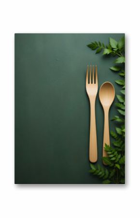 Earth-Toned Wooden Cutlery and Greenery on Forest Green Setting  