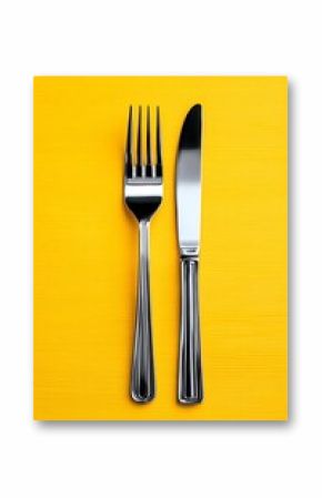 Fork and knife on yellow surface