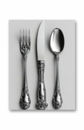 Elegant silverware set featuring ornate fork, knife, and spoon arranged on a smooth surface