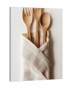Wooden cutlery set nestled in a beige napkin.  Three pieces of light brown wooden cutlery, a fork and two spoons, are arranged within a folded cream-colored napkin.  Clean, minimalist aesthetic