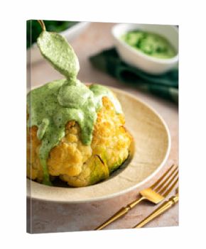 Roasted Cauliflower with Zesty Green Basil Sauce