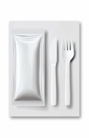 Blank sachet packaging with plastic cutlery mockup set for food or condiment