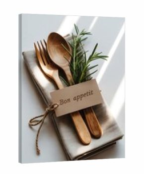 Wooden cutlery and rosemary sprig on linen napkin with bon appetit tag