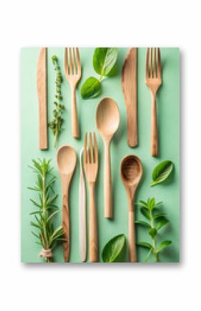 Minimal wooden cutlery set on sage green background with fresh herbs