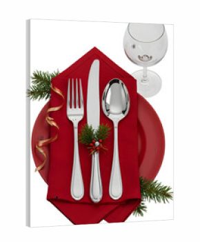 Elegant Christmas Table Setting with Silverware on Red Napkin Illustration