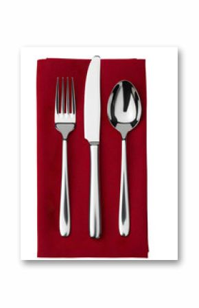 Isolated Shot of Silver Cutlery Fork Knife Spoon on Red Napkin