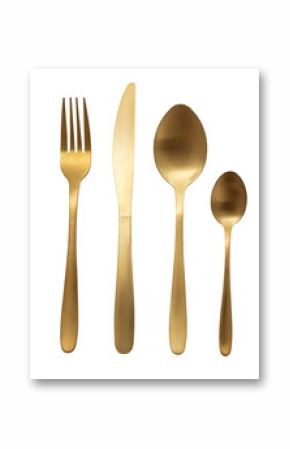 Golden cutlery set with fork, knife, and spoons on transparent background