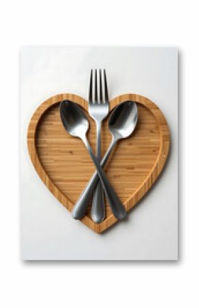 Overhead shot of two spoons and a fork on a heart shaped wooden plate on a white surface top view