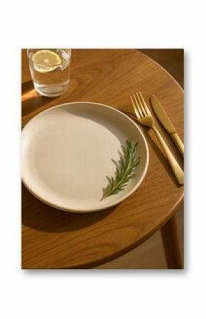 Elegant dining setup featuring a rosemary sprig on a plate with golden cutlery and refreshing lemon water
