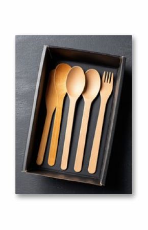 Set of four eco-friendly biodegradable wooden utensils including spoon fork and two spatulas in a black gift box on gray background for sustainable dining