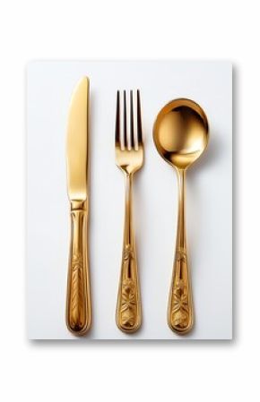 Elegant golden cutlery set including knife, fork, and spoon on a clean white background, perfect for fine dining or special occasions.