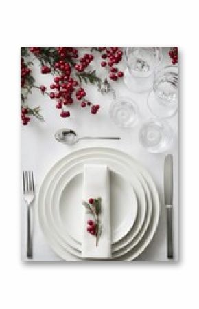 Elegant Christmas table setting pristine white plates layered, linen napkin adorned with red berries and greenery, silver cutlery, crystal glassware, and festive garland overhead