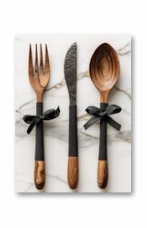 Wooden cutlery set, black accents, marble surface