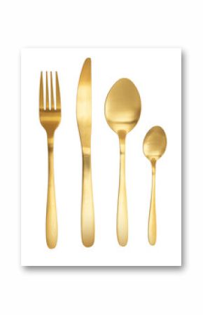 Golden cutlery set with fork, knife and spoons on transparent background