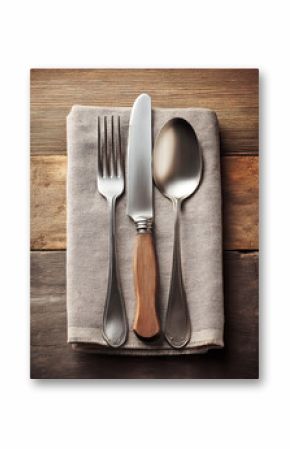 Silverware set resting on linen napkin on rustic wooden table