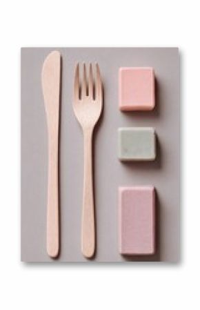 Wooden cutlery and pastel-colored blocks arranged on a muted gray background