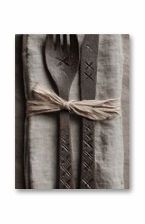 Wooden cutlery set, tied with ribbon on linen napkin