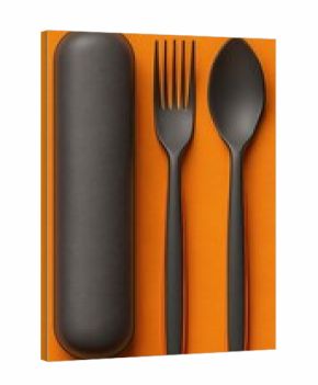 Black reusable cutlery set in a case, laid out on an orange surface