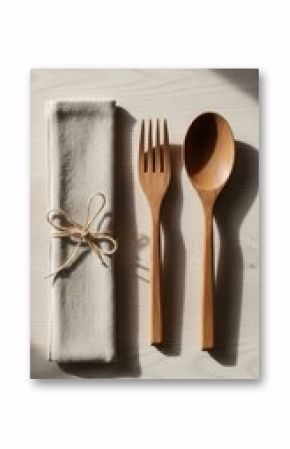 Wooden Cutlery and Napkin on Light Wood Surface fork